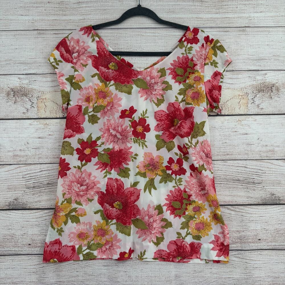 Vintage LeVoys‎ Shirt Womens Medium Floral Short Sleeve Nylon Made USA 70s 80s